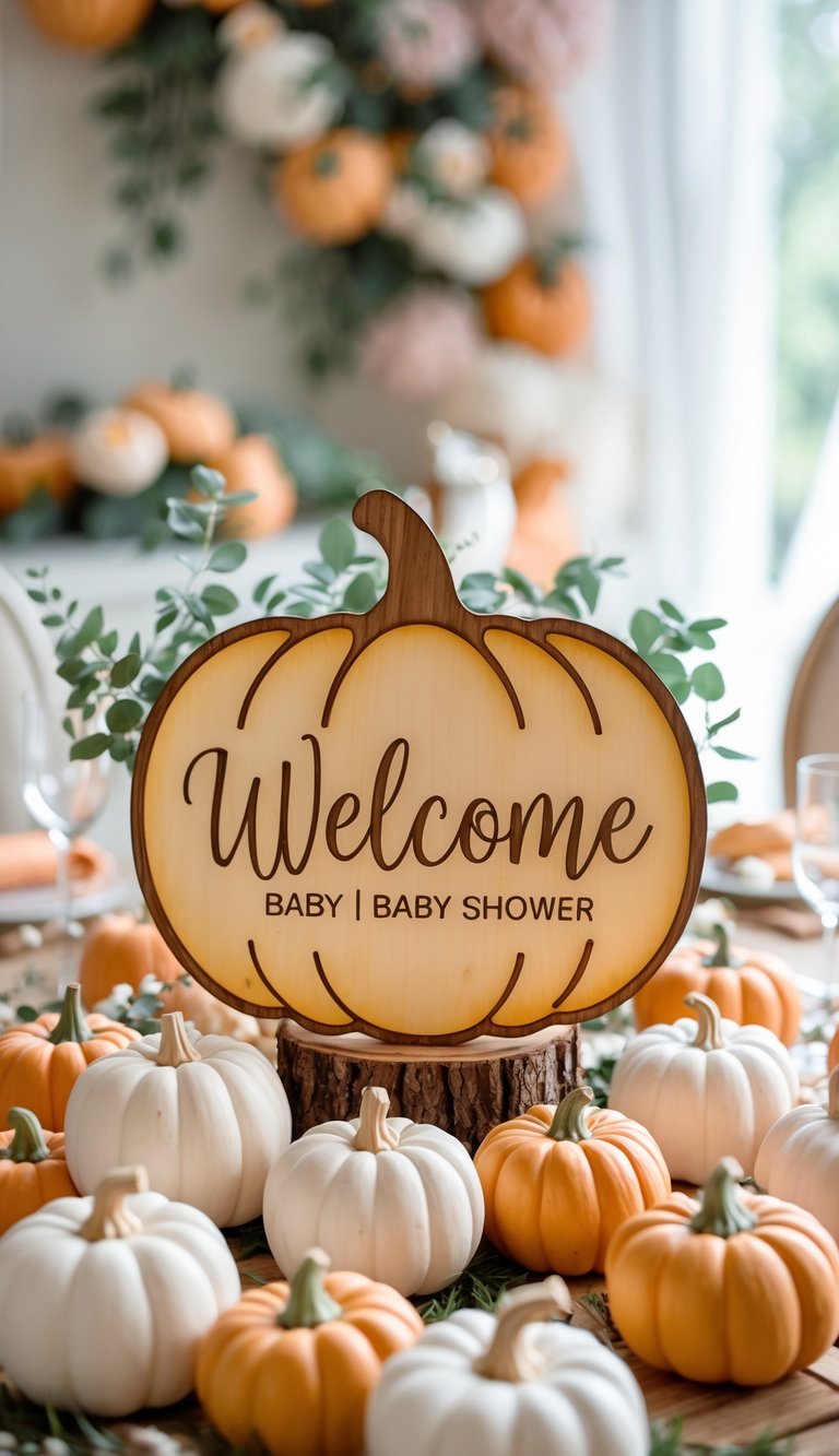 A personalized wooden pumpkin welcome sign surrounded by small decorative pumpkins on a rustic table with baby shower decorations in the background.